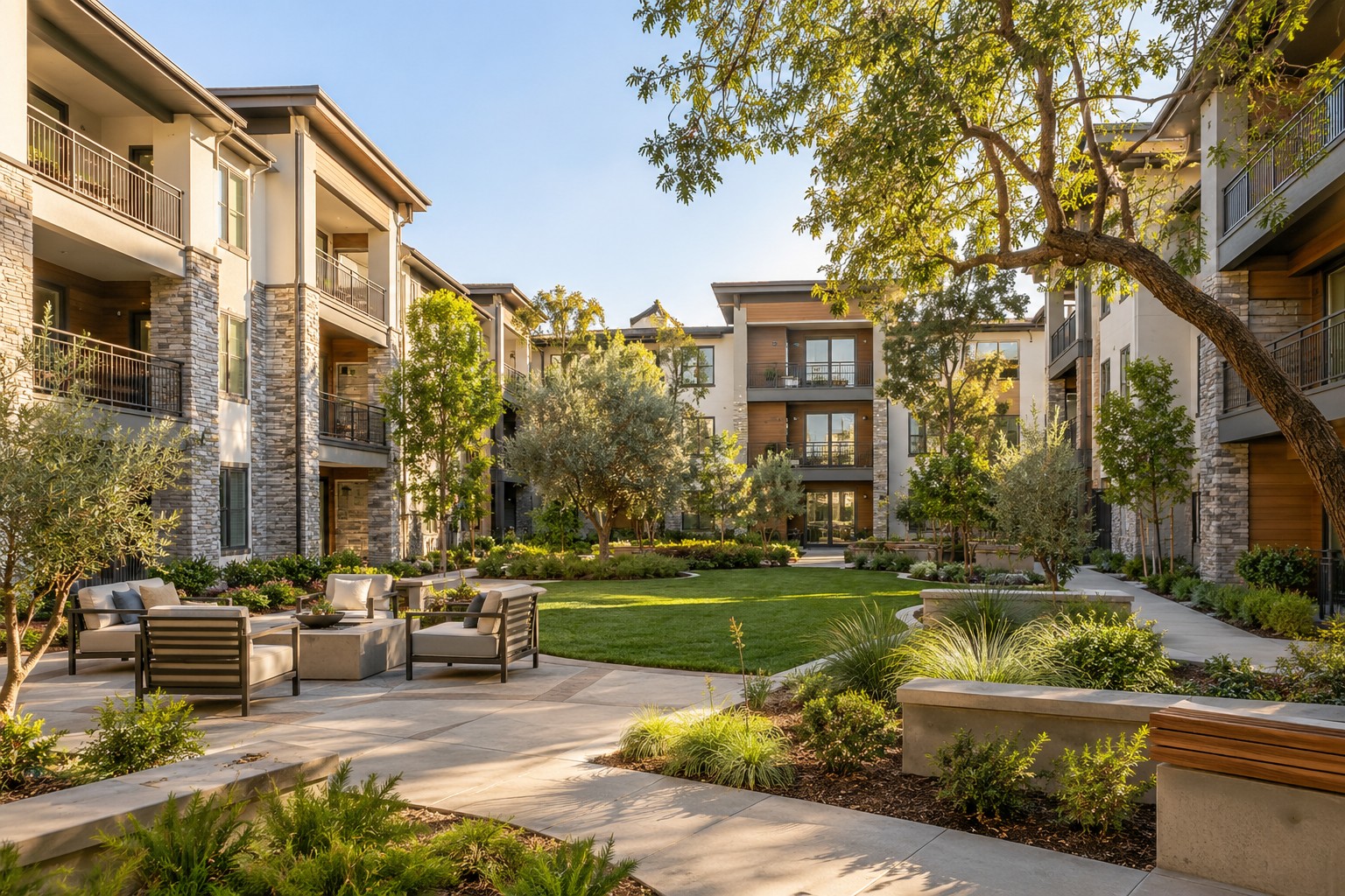 Illustrative apartment community with landscaped grounds