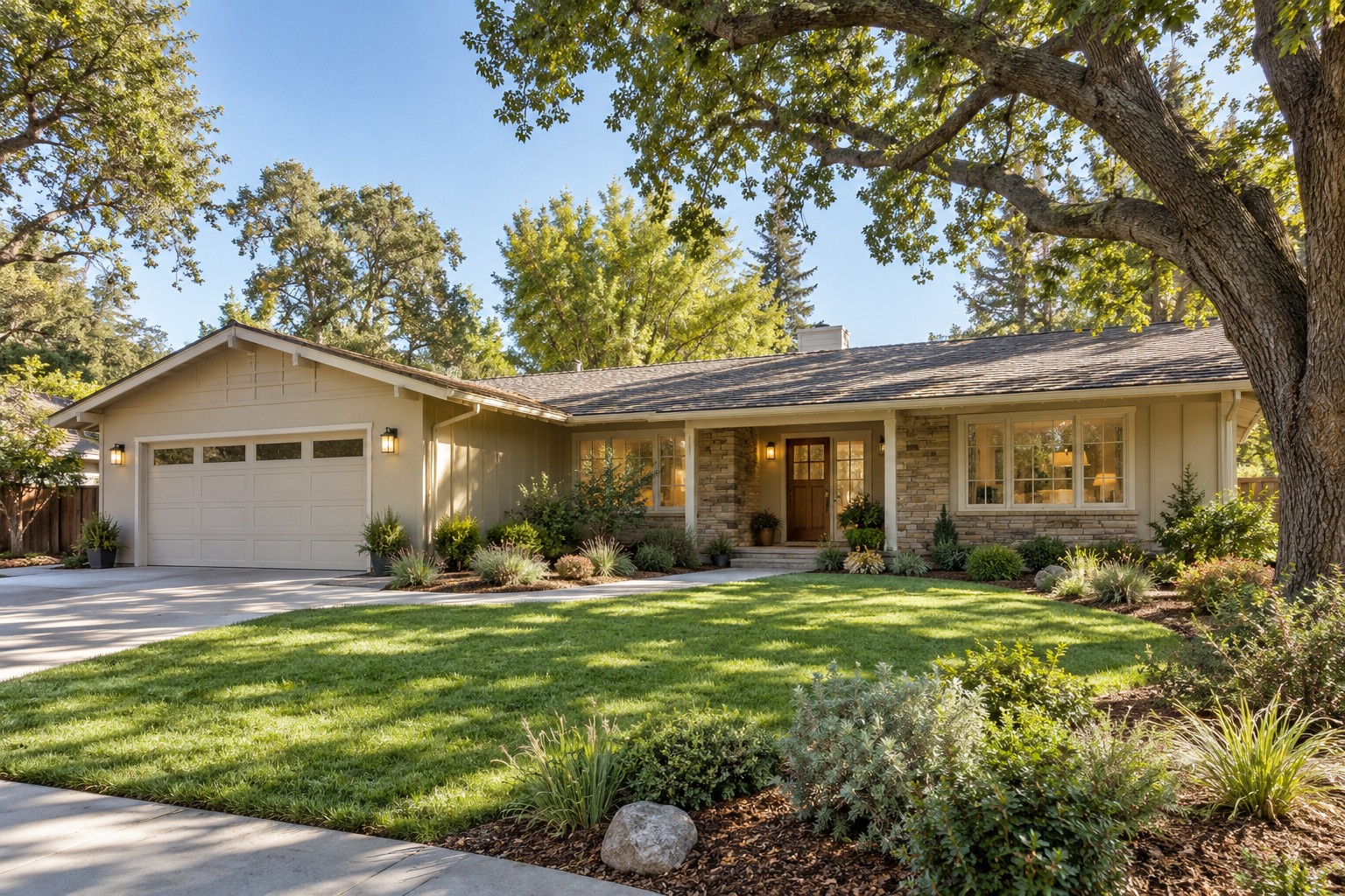 Illustrative single-family home with mature trees